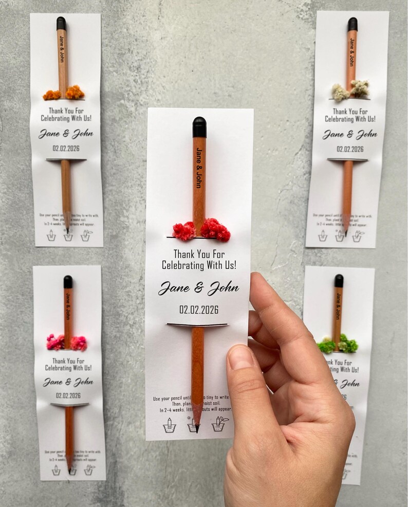 There are flowers and a pencil with seeds on the card.