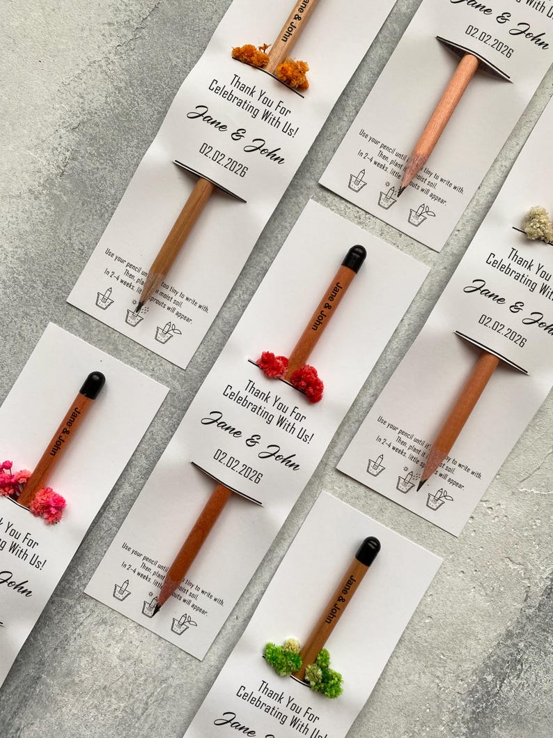 There are flowers and a pencil with seeds on the card.