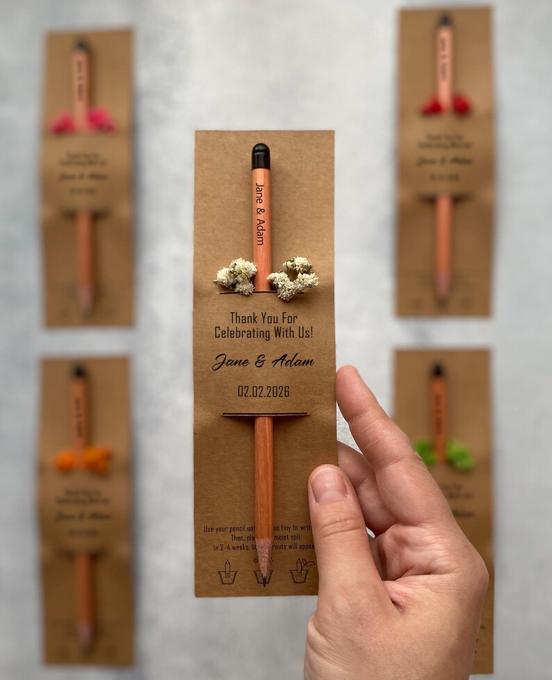 There are flowers and a pencil with seeds on the card.