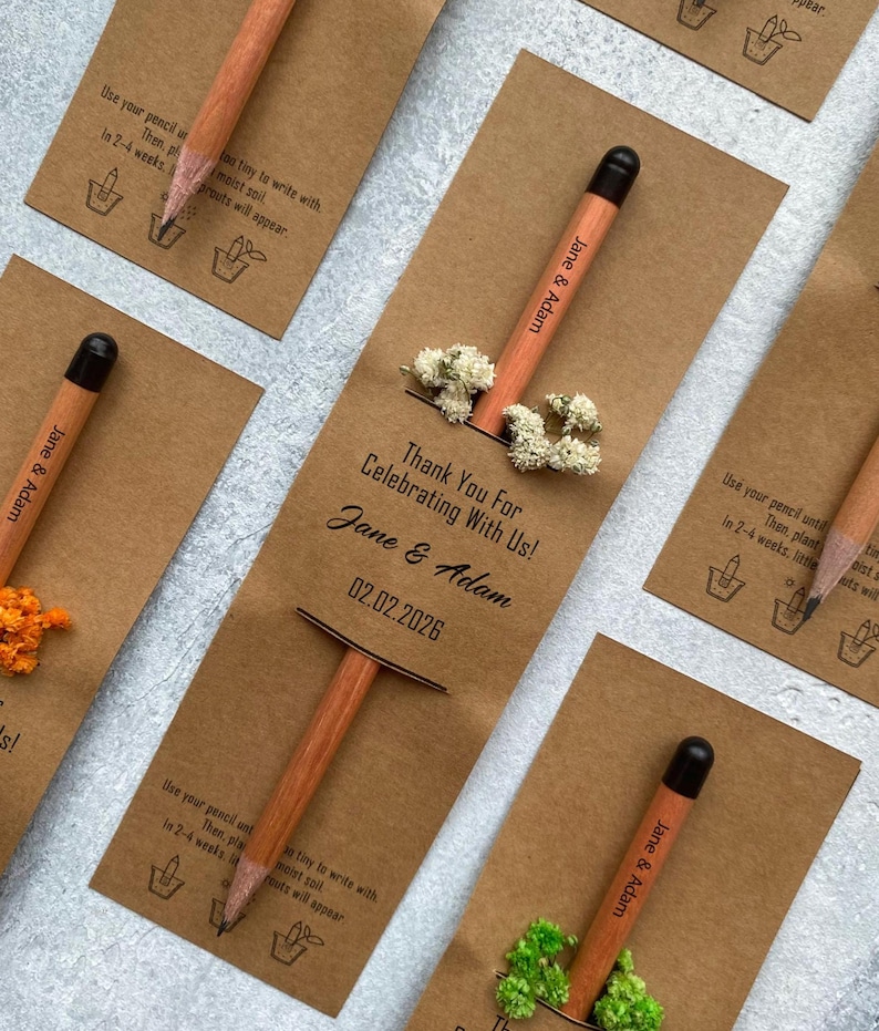 There are flowers and a pencil with seeds on the card.