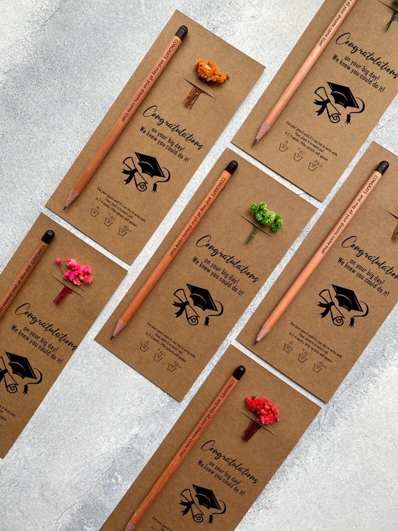 There are flowers and a pencil with seeds on the card.