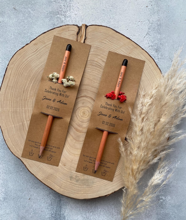 There are flowers and a pencil with seeds on the card.