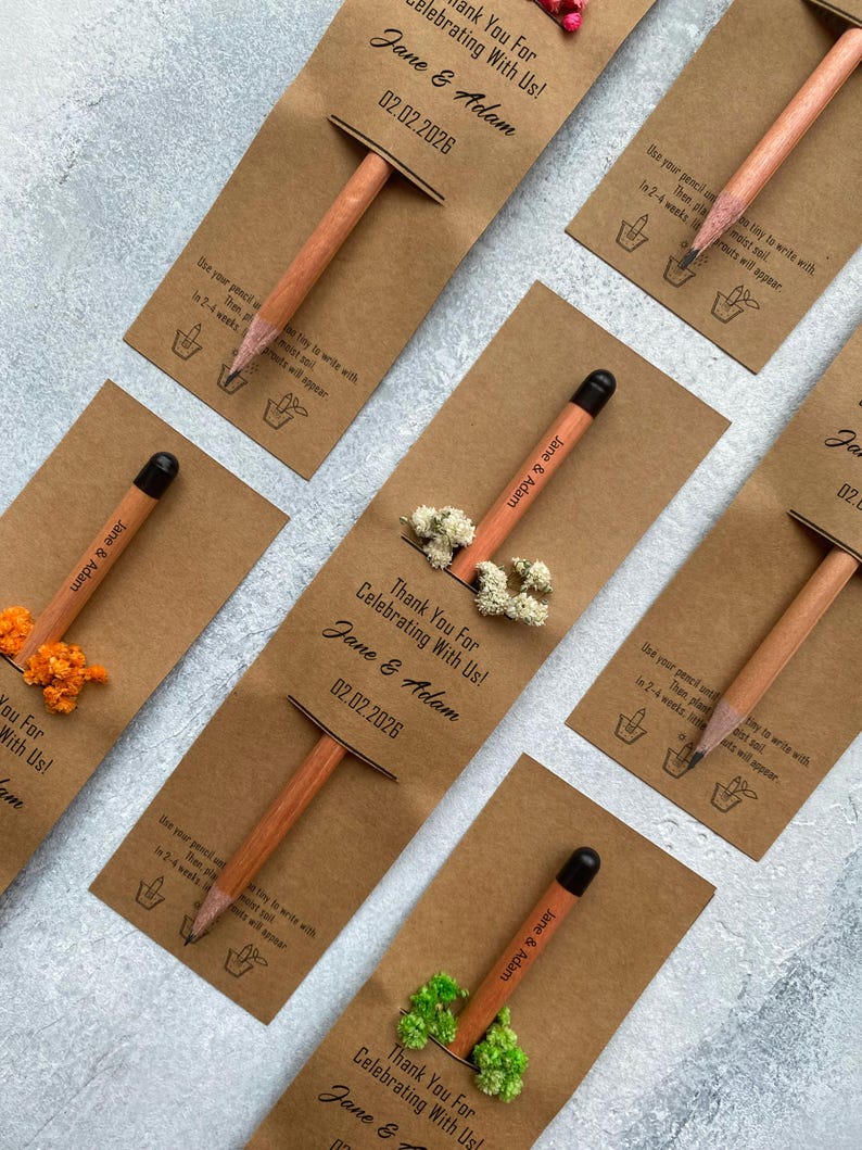 There are flowers and a pencil with seeds on the card.