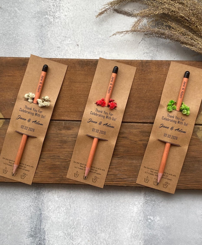 There are flowers and a pencil with seeds on the card.