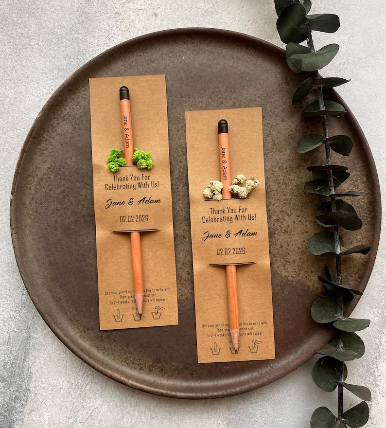 There are flowers and a pencil with seeds on the card.