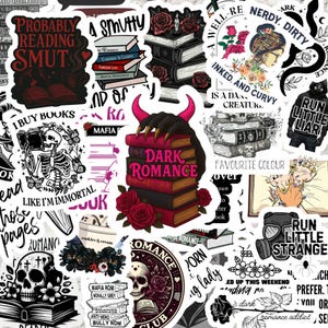 May include: A collection of stickers with a dark romance theme. The stickers feature skulls, books, roses, and phrases like "Dark Romance" and "Probably Reading Smut." The color palette includes black, red, and white.