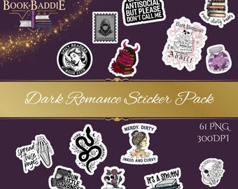Dark Romance Digital Stickers – 61 PNG Bookish Aesthetic Pack for BookTok & Bookstagram, Gothic Quotes, Spicy Annotating, Transparent PNGs.
