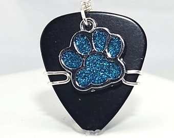 Black Guitar Pick Pendant with paw print charm - Your choice of necklace or keychain