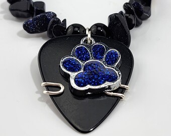 Blue Paw Print Guitar Pick Necklace filled with sparkly Bling Made with Blue Goldstone and Rainbow Hematite