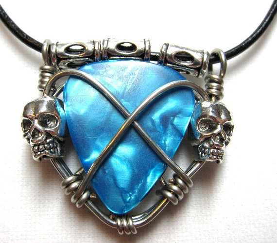 Handmade Guitar Pick Holder Necklace With Skulls - Guitar Pick Holder Pendant Necklace