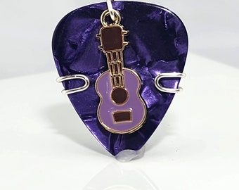 Purple Guitar Pick Pendant with purple guitar charm - Your choice of necklace or keychain