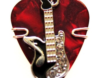 Red Pick with a Black Guitar Pick Charm - Guitar Pick Jewelry