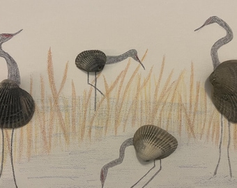 Grúas de concha sobre lienzo