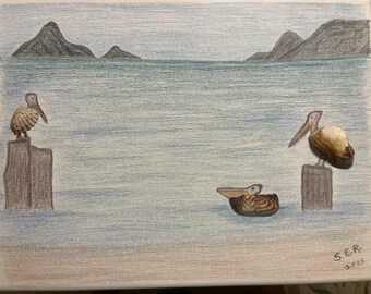 Pelícanos con conchas marinas sobre lienzo