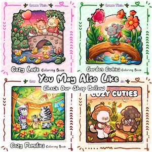 Op de afbeelding: Vier kleurboekcovers met de titels Cozy Love, Garden Cuties, Cozy Families en Cozy Cuties. Elke cover bevat kleurrijke cartoonillustraties van dieren in de natuur, waaronder koeien, muizen, zebra's en een kat en hond met tekst.