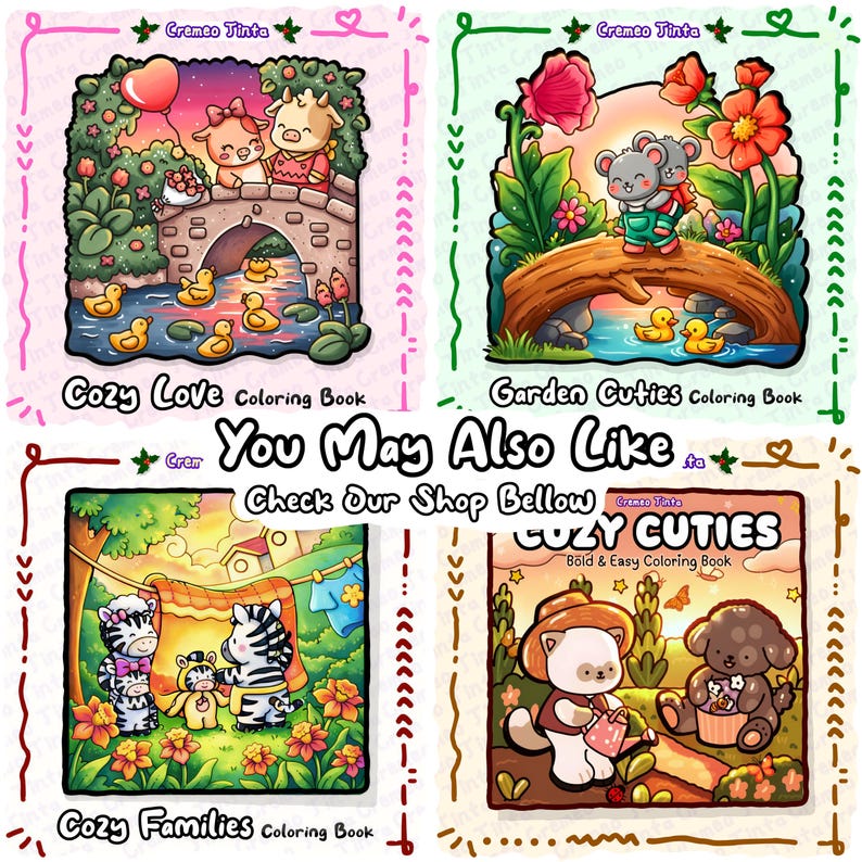Op de afbeelding: Vier kleurboekcovers met de titels Cozy Love, Garden Cuties, Cozy Families en Cozy Cuties. Elke cover bevat kleurrijke cartoonillustraties van dieren in de natuur, waaronder koeien, muizen, zebra's en een kat en hond met tekst.