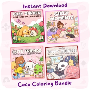 May include: A digital colouring book bundle featuring four square covers titled Cozy Garden, Girly Moments, Cute Friends, and Comfy Cuddles. Each cover displays colourful cartoon illustrations of animals, people, and nature scenes with bold outlines.