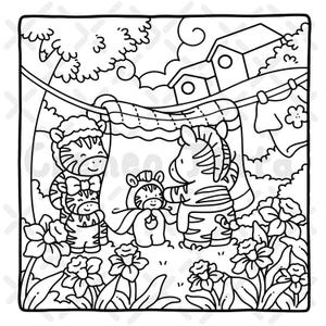 May include: Black and white line art illustration of a family of zebras. The zebras are wearing clothes and standing in a garden with flowers. Clothes are hanging on a clothesline in the background.