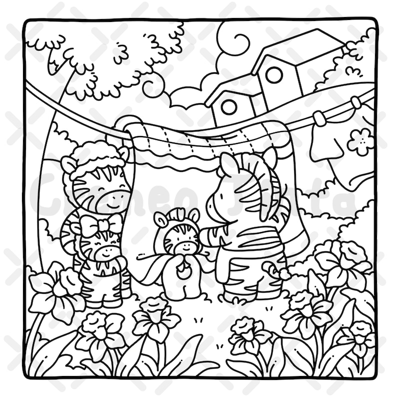 May include: Black and white line art illustration of a family of zebras. The zebras are wearing clothes and standing in a garden with flowers. Clothes are hanging on a clothesline in the background.
