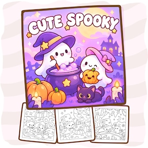 May include: A digital illustration titled CUTE SPOOKY featuring two white ghosts, one in a purple hat and one in a pink hat, stirring a purple cauldron with a black cat, pumpkins, and candles. Below are three black and white coloring pages.