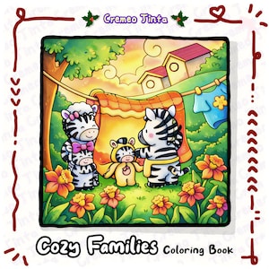 May include: A colorful illustration of a zebra family in a cozy outdoor scene. The image features a mother and father zebra with two children, one in a zebra costume. The text "Cozy Families Coloring Book" is at the bottom.