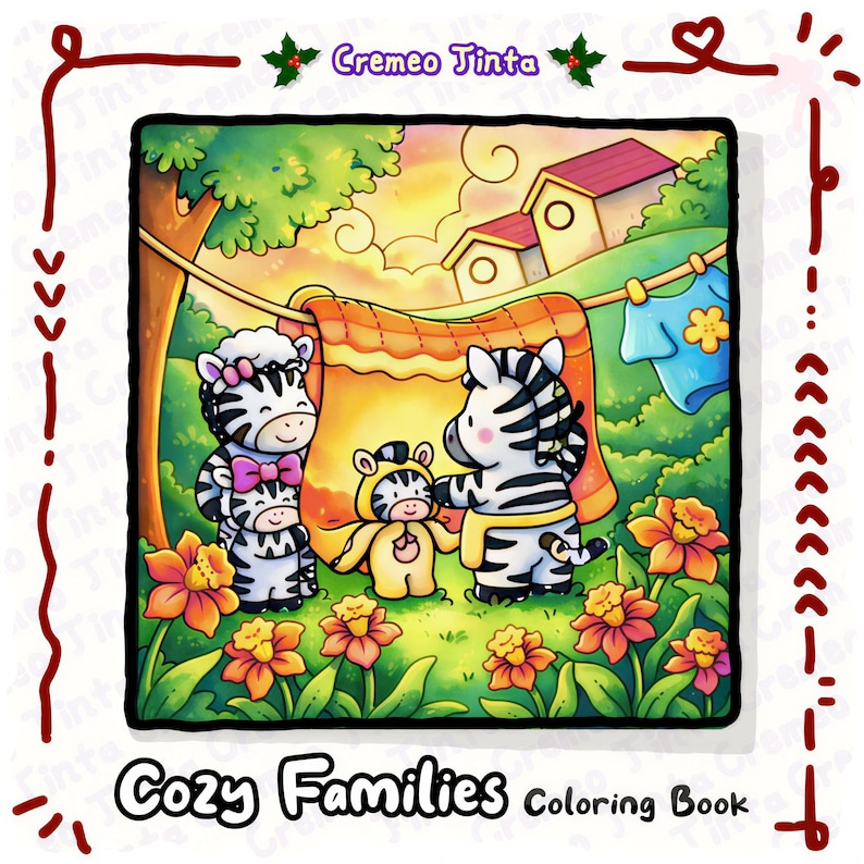 May include: A colorful illustration of a zebra family in a cozy outdoor scene. The image features a mother and father zebra with two children, one in a zebra costume. The text "Cozy Families Coloring Book" is at the bottom.