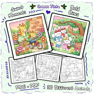 May include: A collection of digital art prints featuring cartoon animals in various scenes. The prints include colorful illustrations of giraffes, rabbits, and other animals, along with black and white coloring pages. Text includes "Sweet Moments", "Cremeo Tinta", "Bold Lines", "PNG + PDF", and "30 Different Animals".