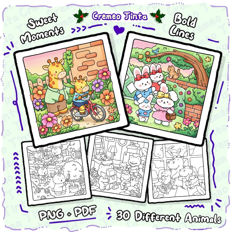 May include: A collection of digital art prints featuring cartoon animals in various scenes. The prints include colorful illustrations of giraffes, rabbits, and other animals, along with black and white coloring pages. Text includes "Sweet Moments", "Cremeo Tinta", "Bold Lines", "PNG + PDF", and "30 Different Animals".