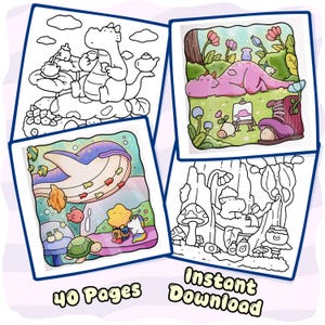 May include: A collection of four coloring pages featuring cartoon illustrations of dragons, a whale, a turtle, and a unicorn in nature settings. Two pages are black and white line art, and two are full-color. Text reads 40 Pages Instant Download.