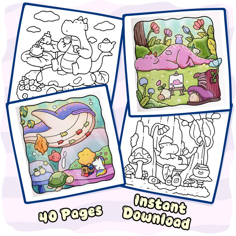 May include: A collection of four coloring pages featuring cartoon illustrations of dragons, a whale, a turtle, and a unicorn in nature settings. Two pages are black and white line art, and two are full-color. Text reads 40 Pages Instant Download.