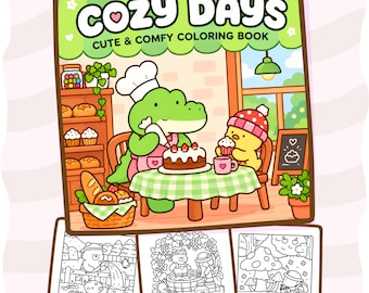 May include: A colouring book titled COZY DAYS CUTE & COMFY COLOURING BOOK featuring a green crocodile in a chef hat and a yellow chick decorating a cake. Below the cover are three black and white line art pages showing outdoor scenes.