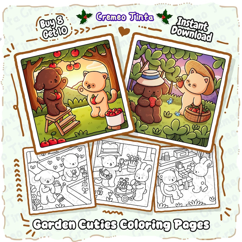 Cozy Garden Cuties, 8 + 2 Free Coloring Pages Bold & Easy, Cute Animal Coloring Book for Adults, Teens Beginners, Relaxing Printable PDF image 1