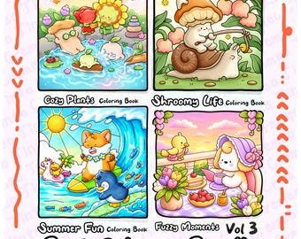 May include: A four-panel colouring book bundle titled Best Colouring Bundle. Panels include Cozy Plants, Shroomy Life, Summer Fun, and Fuzzy Moments Vol 3. Each panel features colourful, cartoon-style illustrations of cute characters, plants, and animals in various settings like a hot spring, a garden, a beach, and a tea party.
