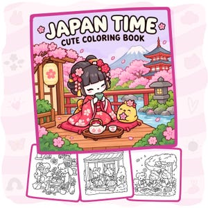 以下が含まれることがあります： 「JAPAN TIME CUTE COLORING BOOK」というタイトルの塗り絵。ピンクの着物を着たキャラクターが富士山と五重塔を背景にお茶を飲んでいるカラフルな表紙と、その下に3枚の白黒の線画ページが配置されています。
