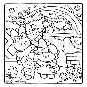 May include: Black and white line art illustration featuring a group of cartoon bunnies in a garden setting. One bunny is holding a purse. A cat and bird are also present. Flowers and a tree are in the background.