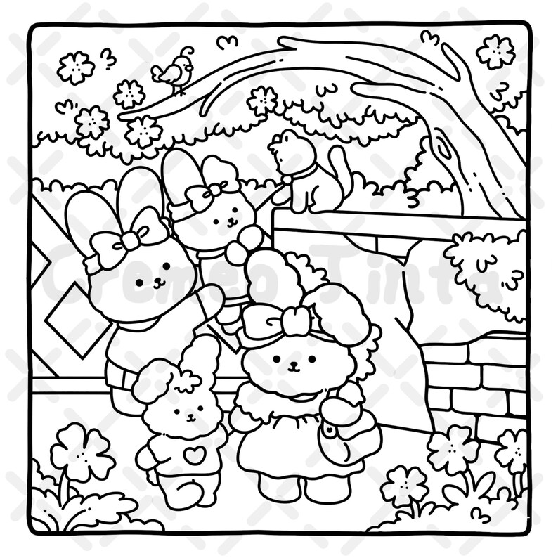 May include: Black and white line art illustration featuring a group of cartoon bunnies in a garden setting. One bunny is holding a purse. A cat and bird are also present. Flowers and a tree are in the background.