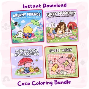 Könnte beinhalten: Ein digitales Set aus vier Malbüchern mit den Titeln Dreamy Friends, Girly Moments, Coco Cozy Collection und Sweet Vibes. Jedes Cover zeigt farbenfrohe Cartoon-Illustrationen von Charakteren beim Lesen und Entspannen in der Natur.