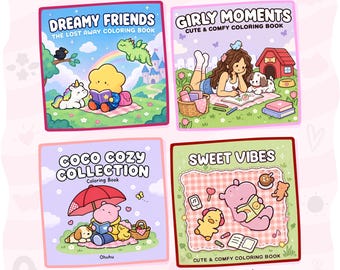 May include: A digital bundle of four colouring books titled Dreamy Friends, Girly Moments, Coco Cozy Collection, and Sweet Vibes. Each cover features colourful cartoon illustrations of characters reading, relaxing, and playing in outdoor settings.