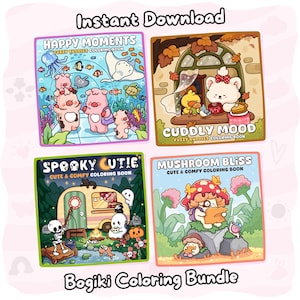 Coloring Book Bundle | 160 Cute & Cozy Pages, Happy Moments, Cuddle Mood, Spooky Cutie, Mushroom Bliss, Printable PDF for Adults Bogiki