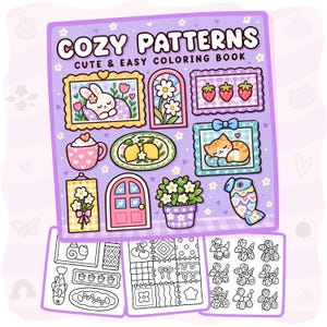 May include: A square coloring book titled COZY PATTERNS CUTE & EASY COLORING BOOK with a purple cover featuring illustrations of a rabbit, strawberries, a cat, lemons, and flowers. Below are three black and white pages showing line art designs.