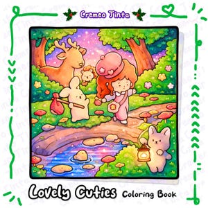 May include: A vibrant illustration from a "Lovely Cuties" colouring book. The image shows a girl in pink, a deer, a rabbit with a bag, and a bear. A stream flows through the scene, with mushrooms and flowers scattered around. The text "Lovely Cuties Coloring Book" is visible.