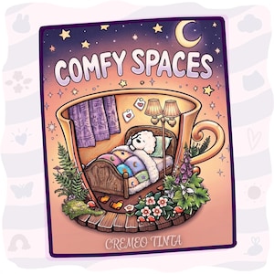 May include: A rectangular print titled COMFY SPACES by CREMEO TINTA featuring a white dog sleeping in a bed inside a large teacup. The scene includes a patchwork quilt, a floor lamp, purple curtains, and surrounding greenery with flowers and ferns.