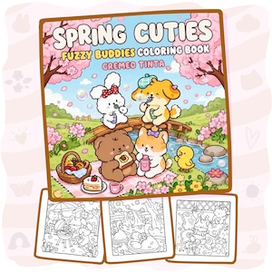 Peut inclure: Un livre de coloriage intitulé Spring Cuties Fuzzy Buddies Coloring Book par Cremeo Tinta, avec une illustration de couverture colorée d'animaux de dessin animé pique-niquant près d'un ruisseau, et trois pages de coloriage en noir et blanc.