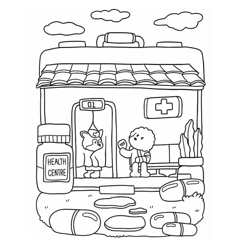 May include: A black and white line art colouring page featuring a health centre building with a pill bottle, scattered capsules, a nurse character in a doorway labelled 01, and a patient character holding a ticket numbered 105 in a waiting area.