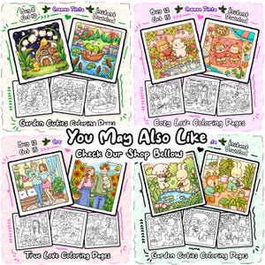 May include: A collection of digital coloring pages featuring whimsical illustrations. The image showcases various themes, including garden scenes, cozy love, and true love, with both colored and black-and-white versions. Text includes "Garden Cuties Coloring Pages" and "Cozy Love Coloring Pages".
