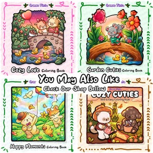 May include: Four coloring book covers with cartoon illustrations. The top left shows two characters on a bridge with ducks below. The top right shows two mice on a log bridge. The bottom left shows characters with a kite and the bottom right shows a cat and dog.