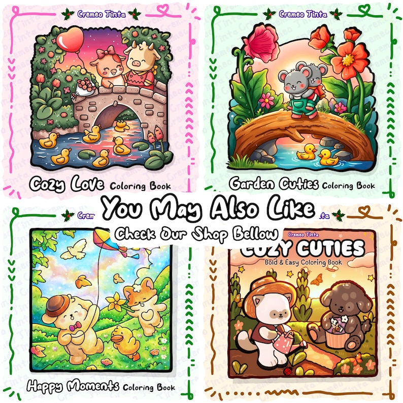 May include: Four coloring book covers with cartoon illustrations. The top left shows two characters on a bridge with ducks below. The top right shows two mice on a log bridge. The bottom left shows characters with a kite and the bottom right shows a cat and dog.