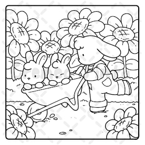 May include: A black and white line art coloring page illustration featuring a character wearing overalls pushing a wheelbarrow containing two small rabbits. The scene is set in a garden filled with large, detailed sunflower blossoms.