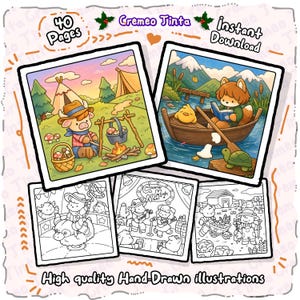 May include: A digital coloring book set titled Cremeo Tinta featuring 40 pages of hand-drawn illustrations. The images show anthropomorphic animals in various scenes, including camping, boating, riding a mechanical bull, and gardening.