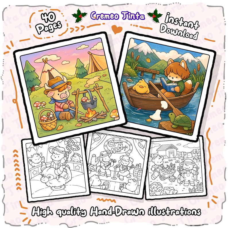 May include: A digital coloring book set titled Cremeo Tinta featuring 40 pages of hand-drawn illustrations. The images show anthropomorphic animals in various scenes, including camping, boating, riding a mechanical bull, and gardening.